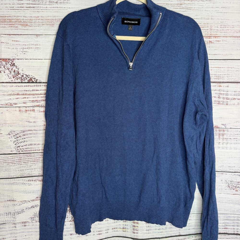 Bonobos Mens Large Blue Cotton Cashmere Quarter Zip Sweater Pullover 1/4 Zip